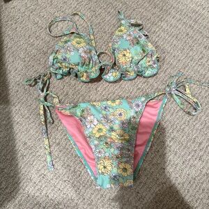 SHEIN Floral Bikini Set in Pink and Green